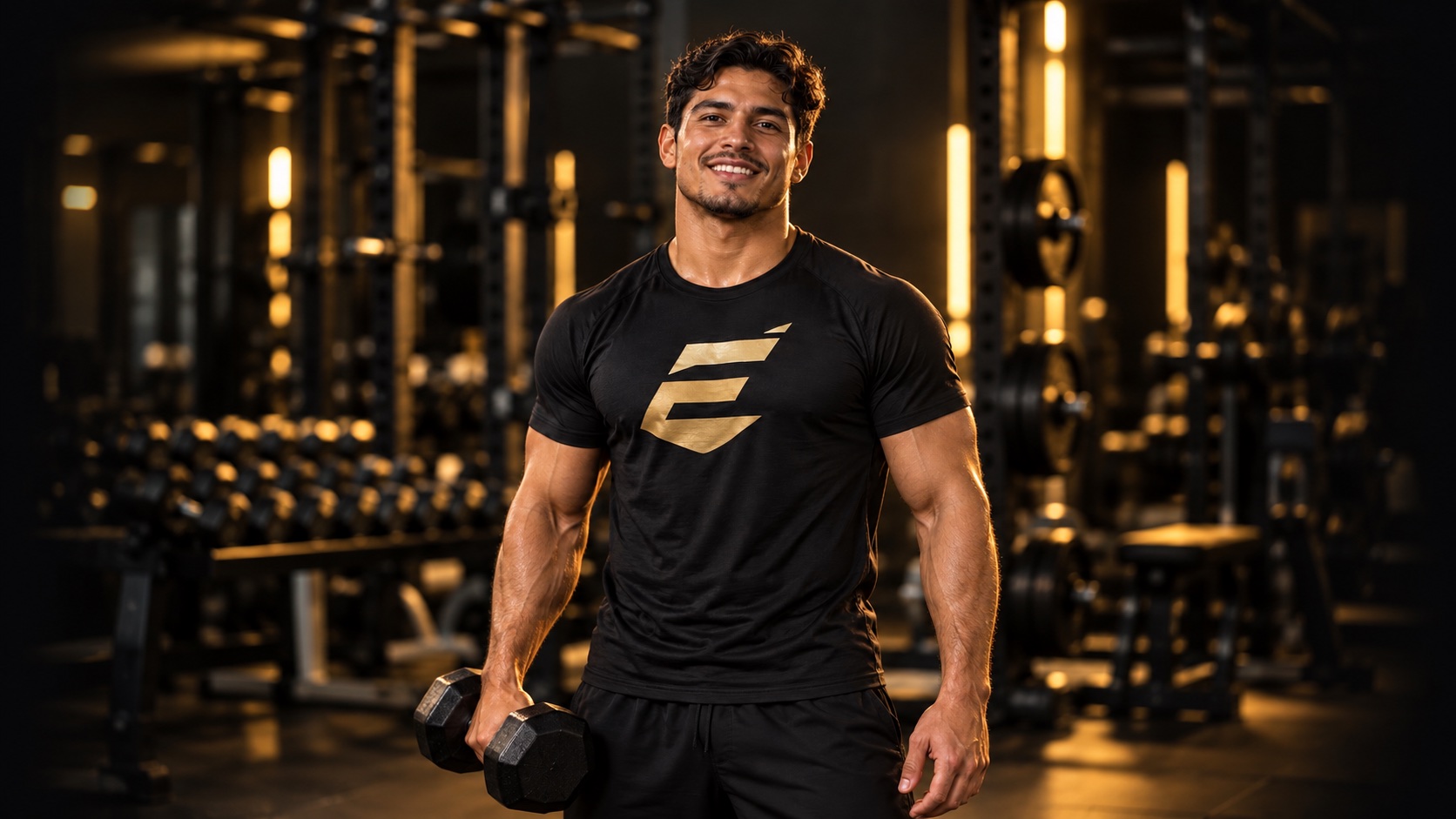 Atleta sonriente en el gimnasio con el logo Elite en su camiseta